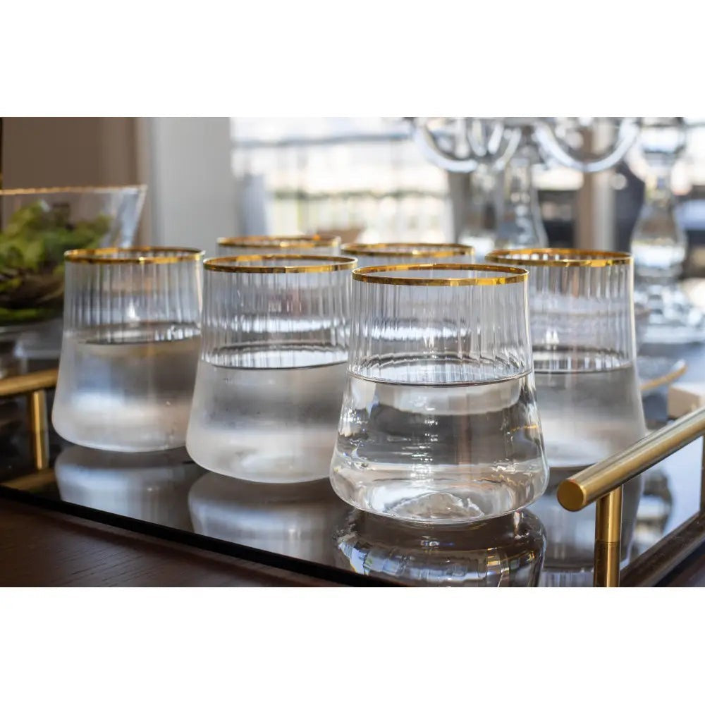 Ma Vaisselle Kasher lot de 6 verres à eau transparents avec bordure dorée, verre strié, 350ml